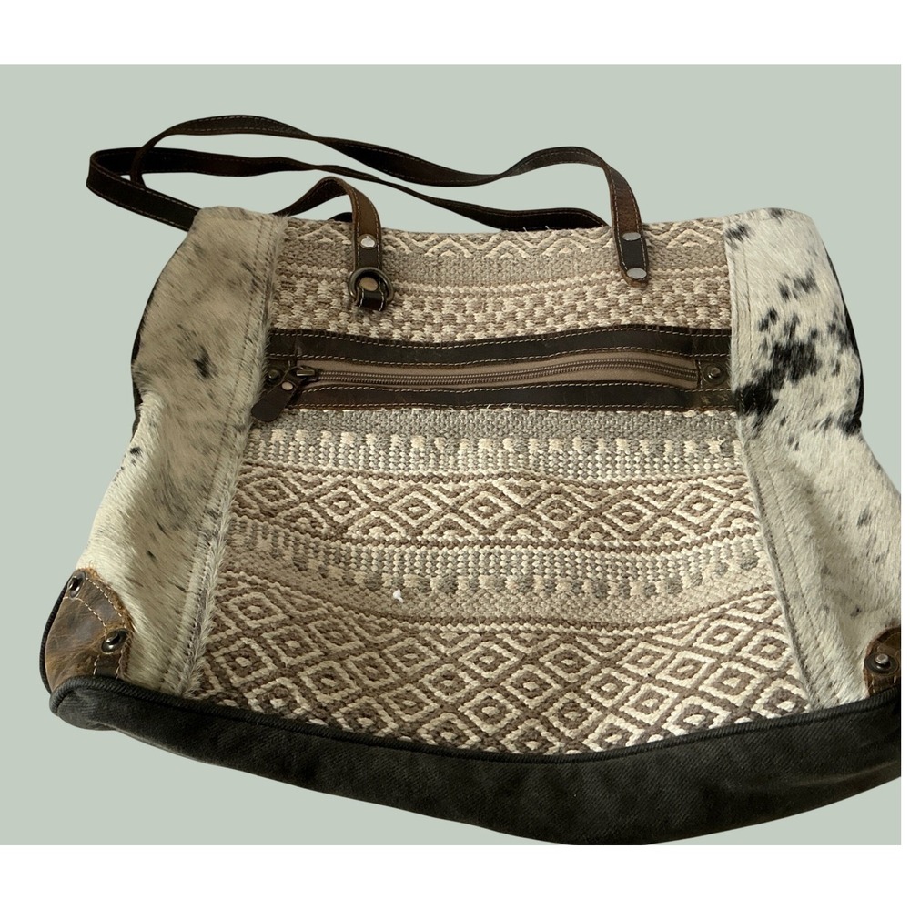 Myra Bag Cowhide Canvas Woven Rug Tote Bag Leather Trim Large Western Boho